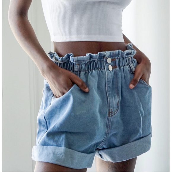 Paperbag Elastc Waist High Rise Denim Shorts - Picture 8 of 8